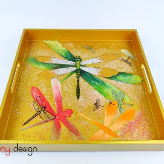 Yellow square lacquer tray hand-painted with dragonfly 30cm